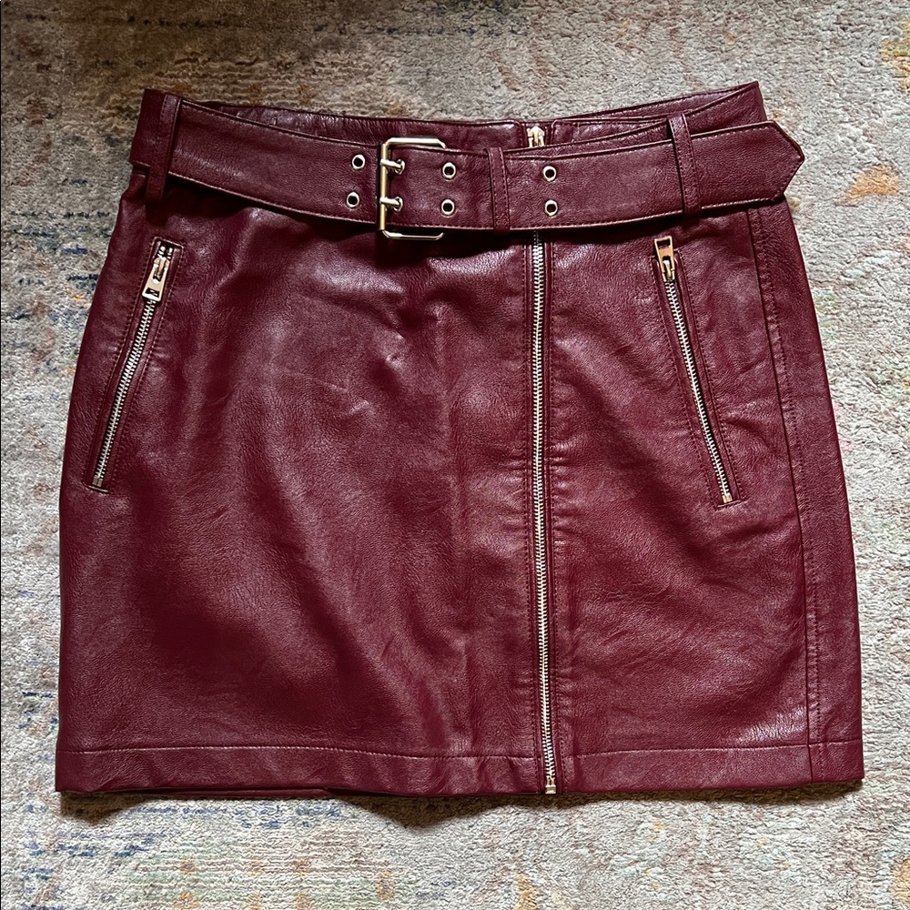 Topshop Burgundy Leather Mini Skirt with Zippers & Belt size 8 US/12 UK